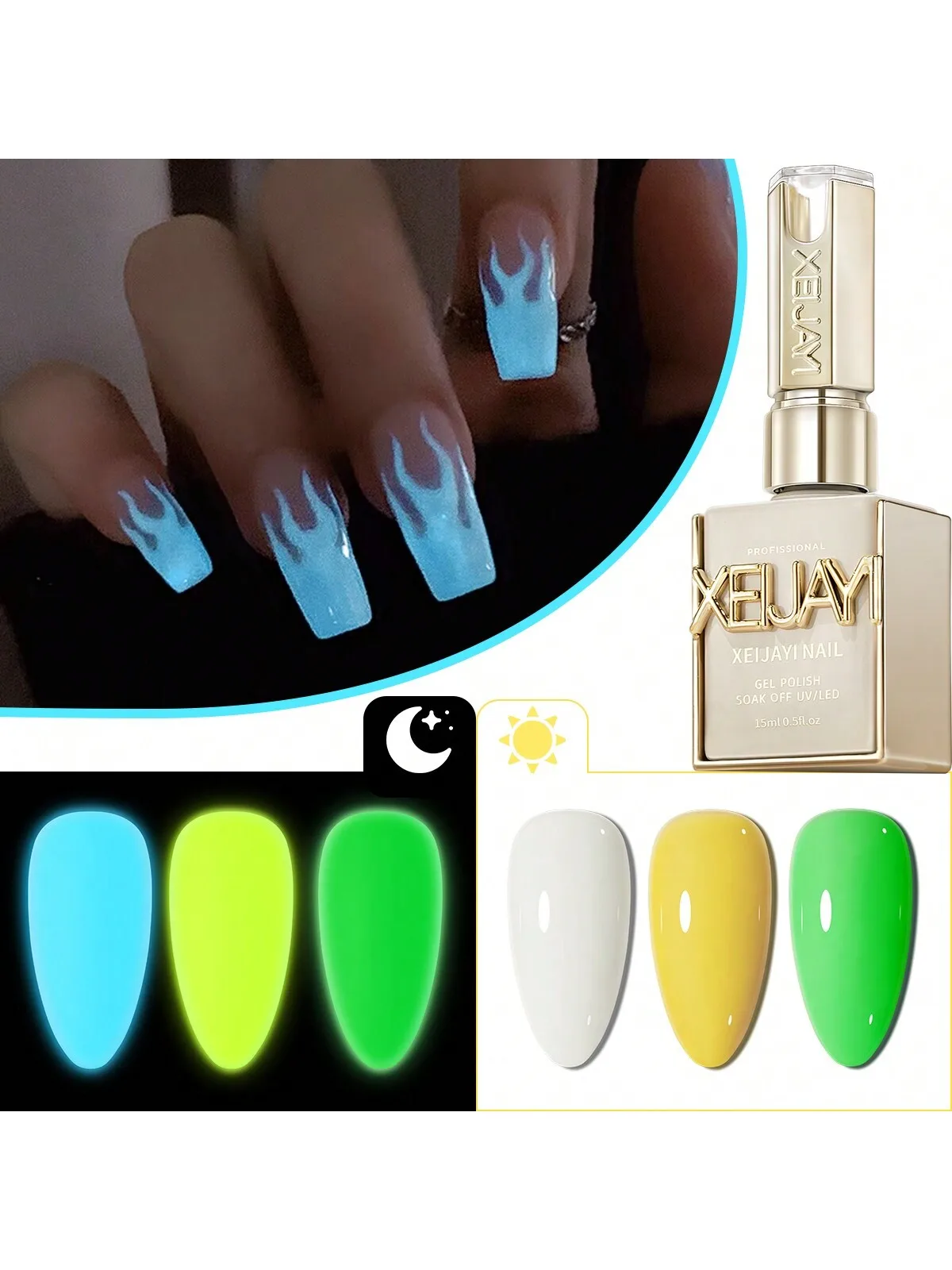 

3Pcs 15ML Glow in the Dark Gel Nail Polish - Luminous Top Coat for Home Salon Manicure and DIY - Long-Lasting and Durable