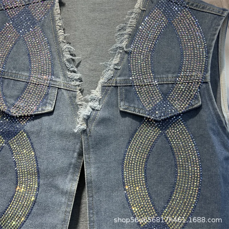 High Quality Women Two-piece Sets New Spring Hot Diamonds Sleeveless Vests Coat + Fashionable High Waist Loose Denim Pants