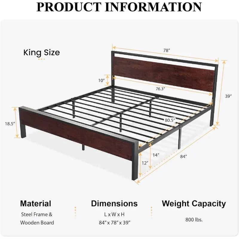 Kingsize Metalen Platform Bedframe Met Houten Hoofdeinde En Voetenbord, Matrasfundering, Geen Boxspring Nodig