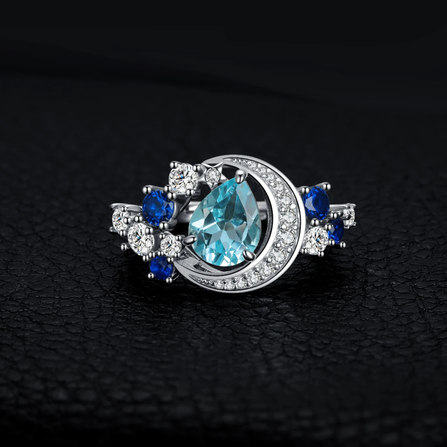 JewelryPalace New Arrival Moon Star 6.8ct Genuine Sky Blue Topaz Created Sapphire 925 Sterling Silver Statement Ring for Woman