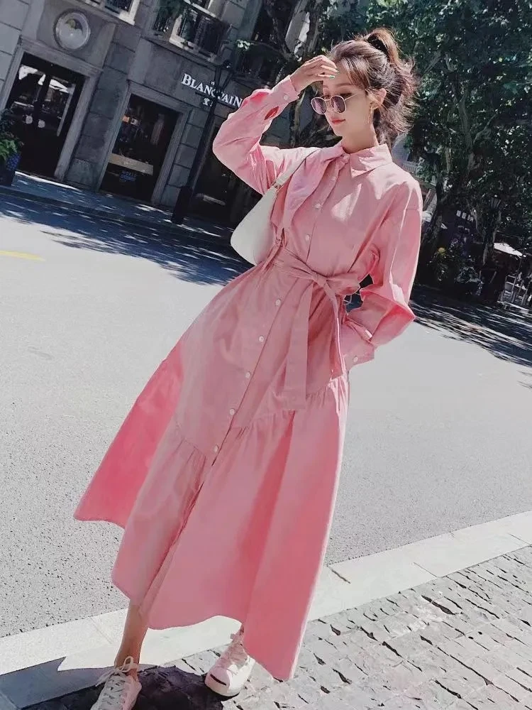 

Evening DressPink Long Sleeve For Women, Ankle Length, French Vintage Style, Unique Shirt Dress, Spring, New, 2024