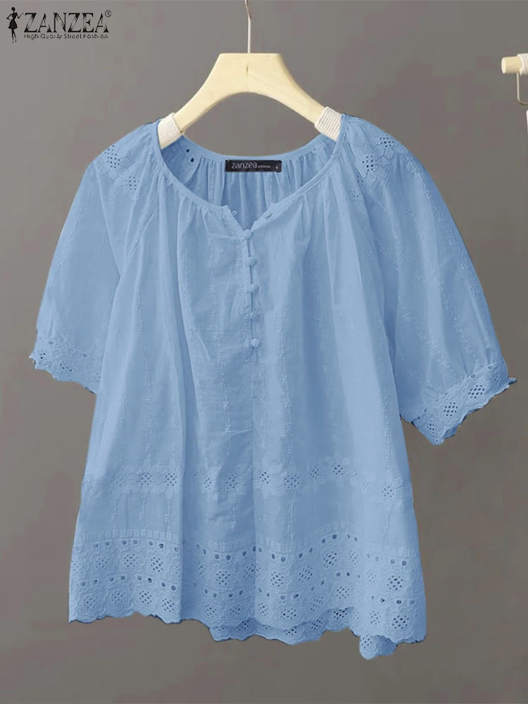 

Holiday 2025 Half Sleeve Tops ZANZEA Women Fashion Solid Blouse Casual Lace Stitching Hem Pleats Tunics Summer Short Sleeve Tops
