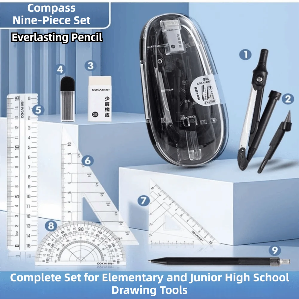 

9Pcs/Set Straight Ruler Math Geometry Kit Compass Protractor Multi-Function Ruler Set Eraser Lead Core Student Stationery Suit