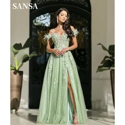 Sansa Gorgeous Feather Shoulder Prom Dress Sweet 3D Lace Embroidery A-line Vestidos De Fiesta Green Side Split فساتين سهرة