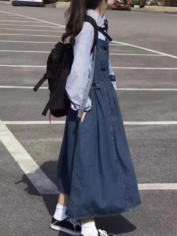 Slimming Effect Japanese Style Midi Denim Halter Dress Women Spring Autumn plus Size Tummy Control Sexy Strap Dress