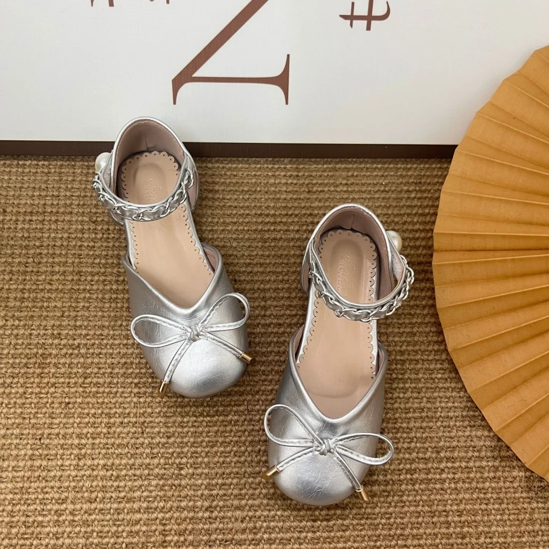 

Kids'Casual Shoes Sandals Solid Color Bow Pearl PU Leather Summer Flat Shoes For Girls Anti-slip Silver Shoes Size 23-35