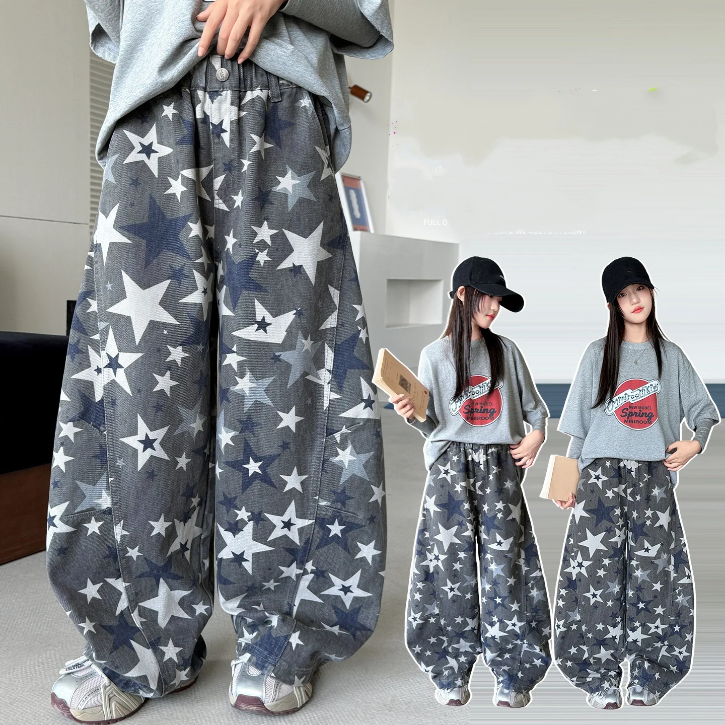 Kids Trendy Curved Pants For Girl Retro TrousersTrackpants American Style Children Street Straight Sweatpants with Star Pattern