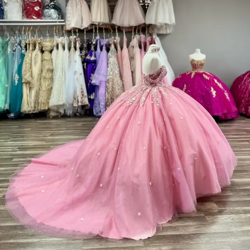 Princesa rosa Quinceanera Vestido, Vestido mexicano, Doce 16 Aniversário, XV Applique Vestidos Cinderela, Espartilho, Novo, 2024, 15