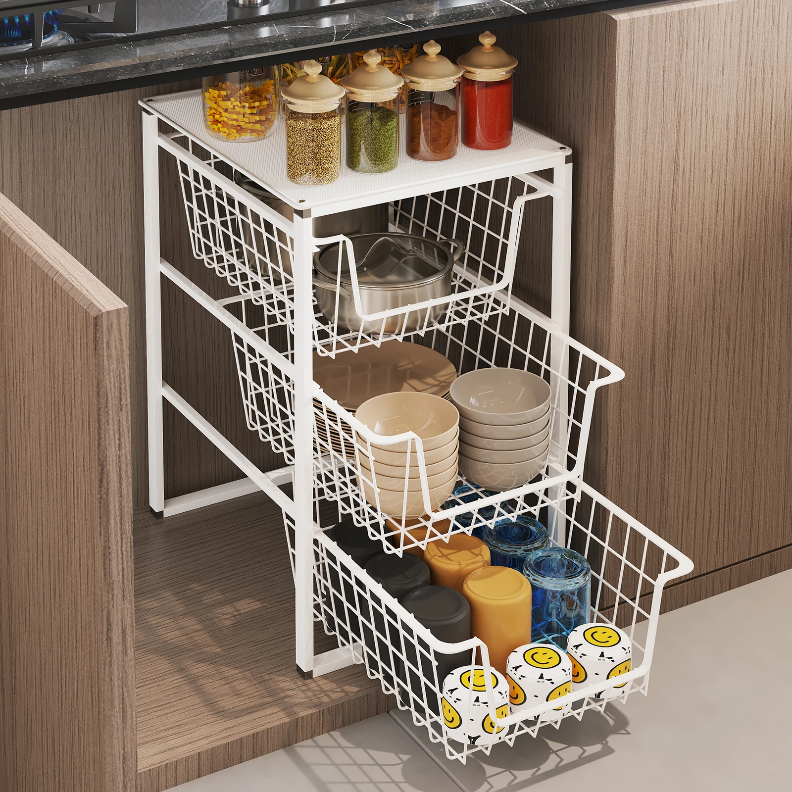 Kitchen Pull-Out Storage Rack with Built-In Dividers, Multi-Layer Pull-Out Basket for Bowls and Plates, Storage for Condiments, Seasoning Cabinet, Utensil Rack