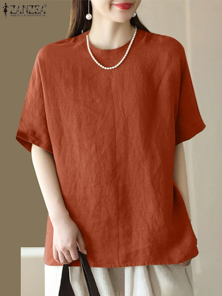 

2024 ZANZEA Female Cotton Blouse Summer Short Sleeve O Neck Shirt Women Vintage Solid Baggy Blusas Holiday Work Tops Tunic Femme