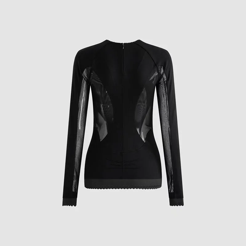Women's mesh net stretch base top, round-neck long-sleeve patchwork top, high-quality T-shirt, 2026, new style, y2k
