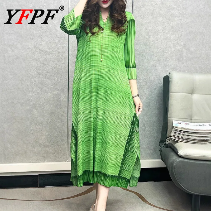 

YFPF Tie Dye Miyake Pleated Dress Women Fashion V Neck Loose Long Dresses Casual 2025 Summer New Elegant Clothing
