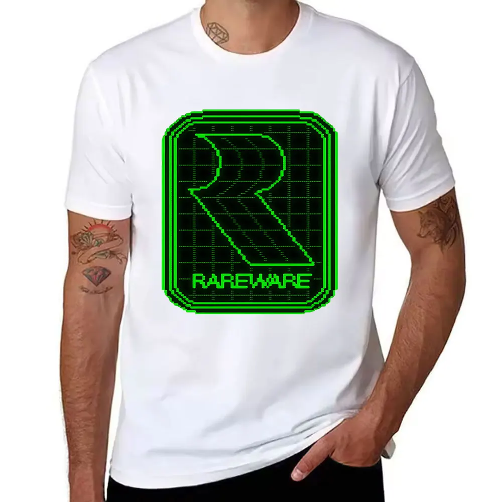 Men's Cotton Short Sleeve T-Shirt, Retro Pixel Style Rareware Logo Print, Casual Gaming Themed Tee for Daily Wear & Game Fans