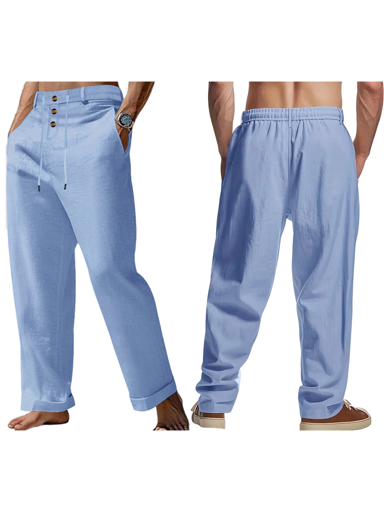 

Men s Lightweight Linen Drawstring Beach Pants with High Waist and Button Front Closure for Casual Summer Lounging