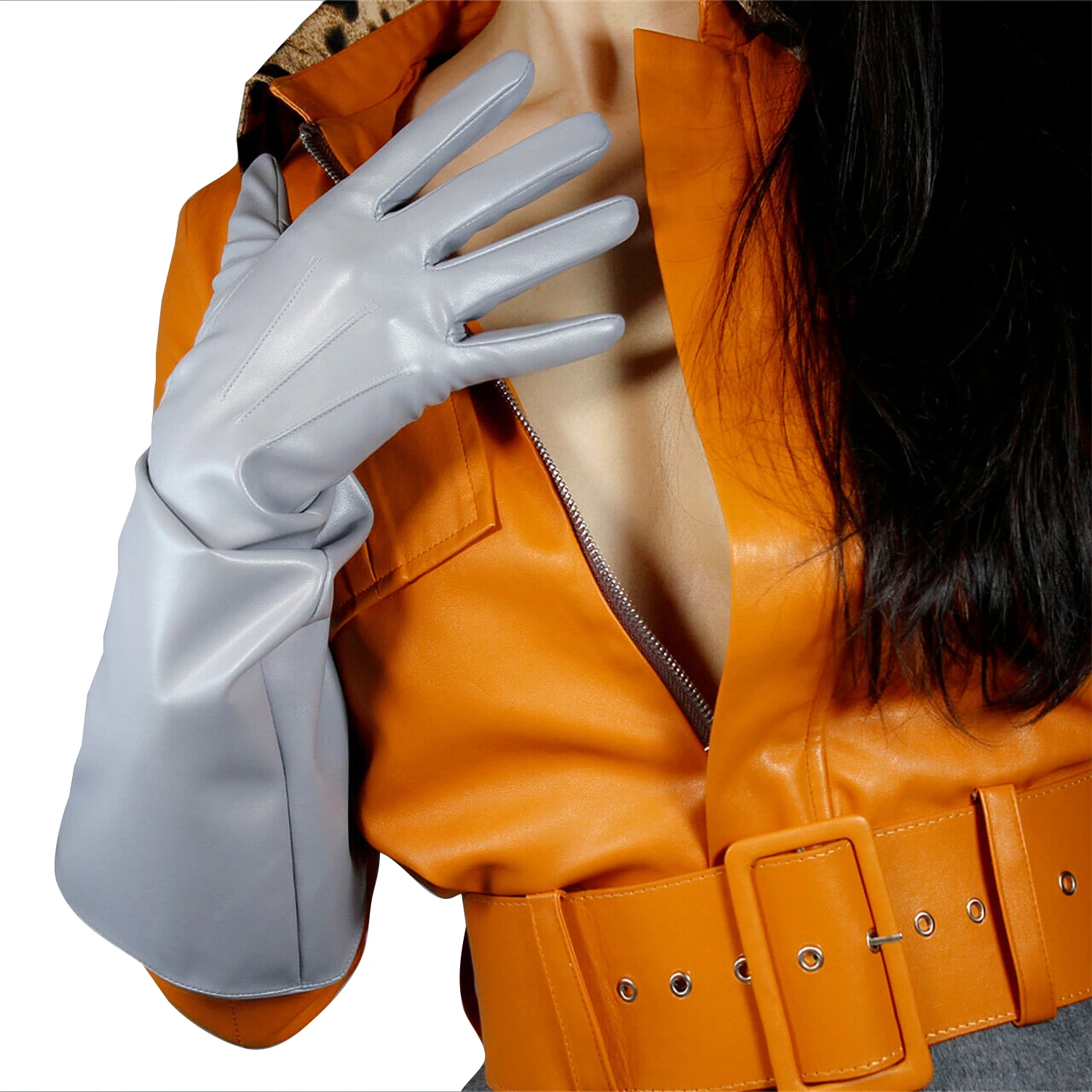 DooWay للجنسين رمادي جلد قفازات كبيرة الحجم الكوع طويلة نفخة الأكمام فو الجلود تأثيري خلع الملابس فنجر أوبرا نادي قفازات الحفلات #4