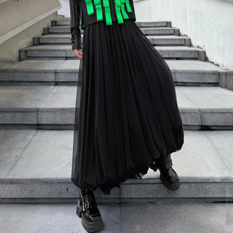 HKSH 2026 Spring Summer New Women Skirt Pleated Mesh Elastic Waisted Versatile A-line Dark Stylish Elegant Trendy Skirts HK17319