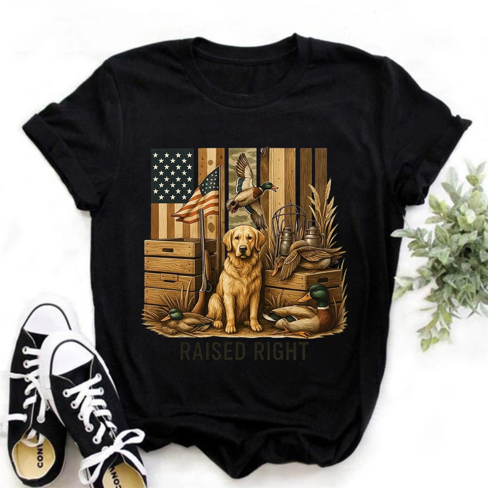 Camiseta unisex de manga corta con cuello redondo y estampado gráfico vintage de caza de patos del sur, Labrador Retriever, Mallard Lake Sunset, para exteriores