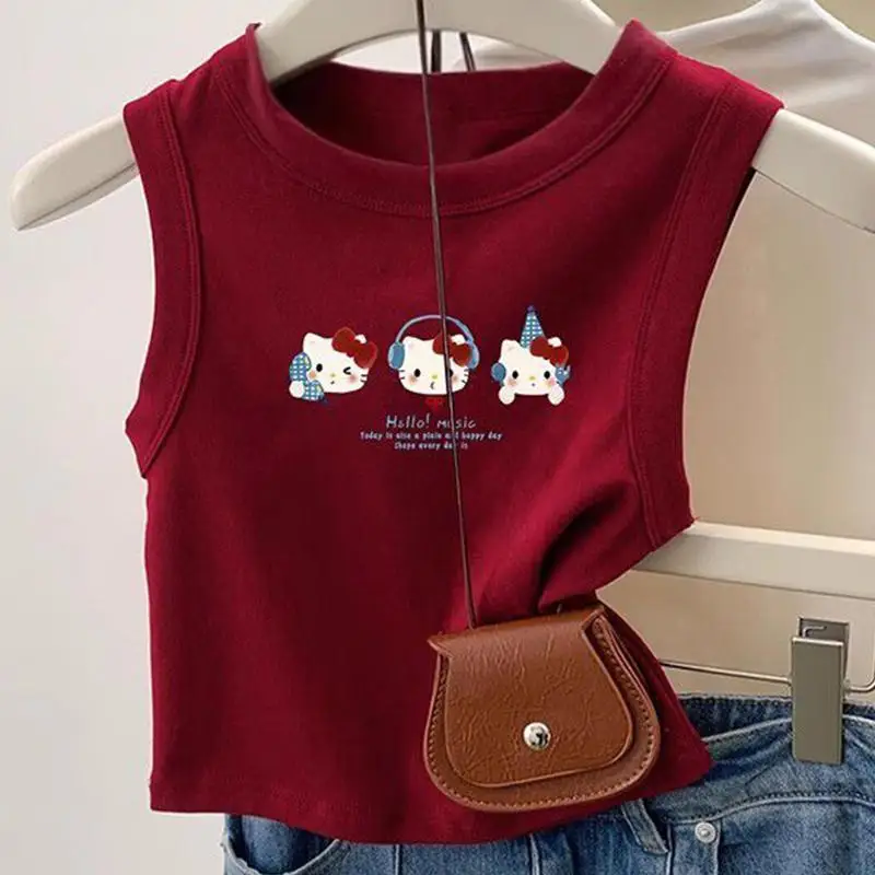 

Hot Hello Kitty Girls Cartoon T-Shirt Vest Sanrio Student Sleeveless Camisole Kawaii Fashion Leisure Soft Summer Clothes New