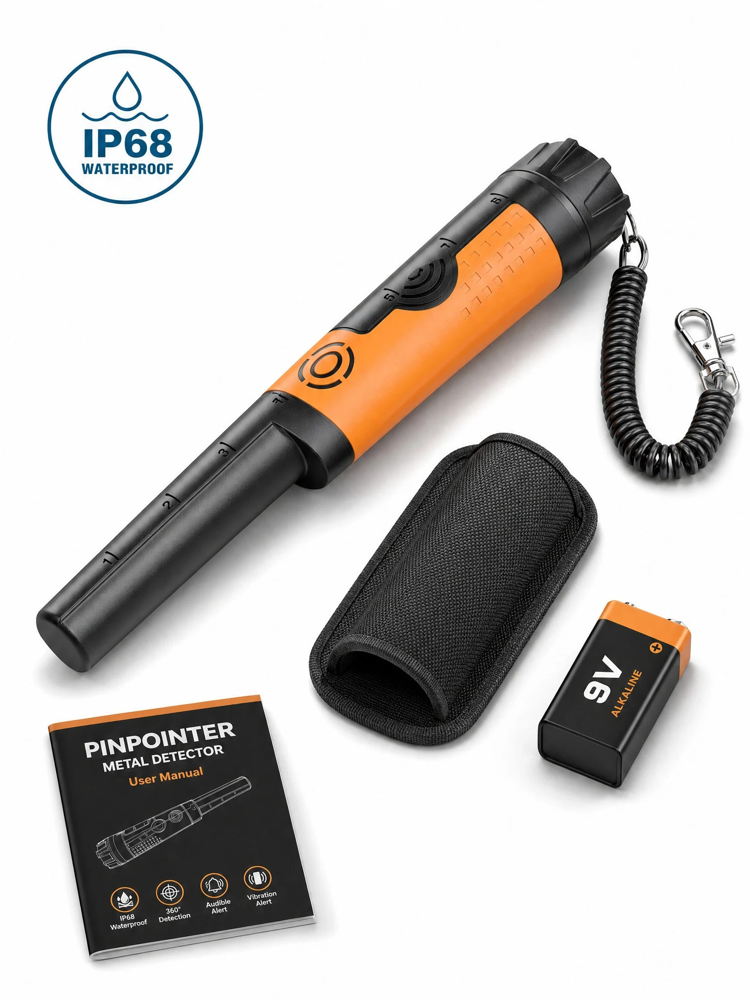 SUNPOW Handheld Metall Detektor Pinpointer Sonde, IP68 Vollständig Wasserdicht 360° Hochsensible Abtastung, 2 Alarmmodi, 8,9cm Suchtiefe für Goldmünzen Schatzsuche am Strand und im Garten