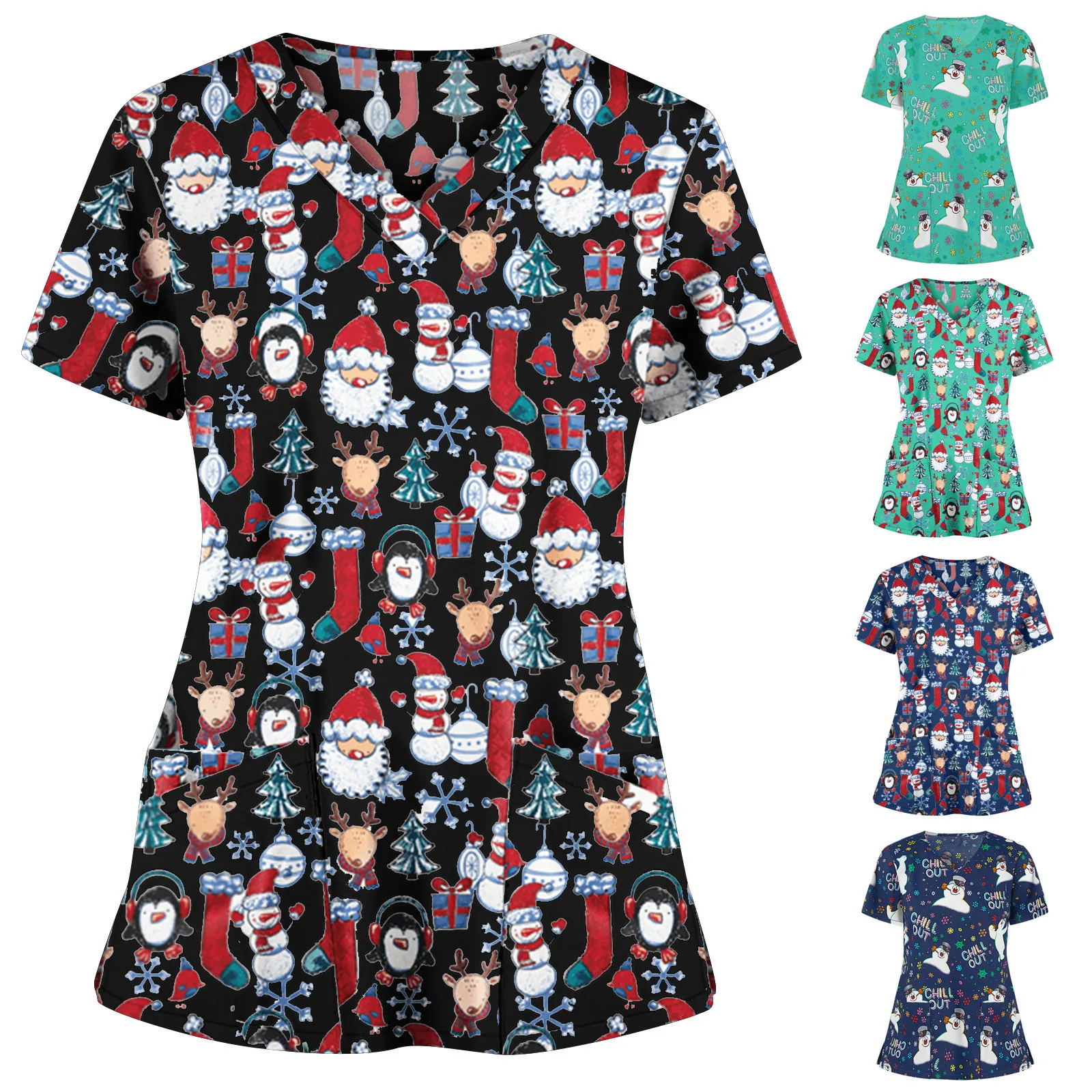 Surgical Uniforms Holidays Christmas Prints Style Pocket Design Surgical Costume Woman V-Neck Short Sleeve Nurse Uniform