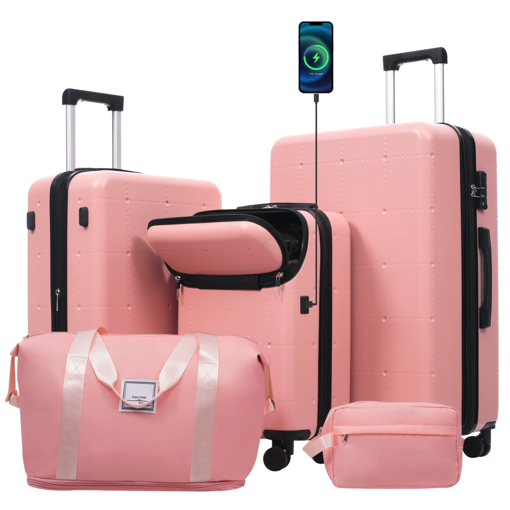 

5 Piece Hardside Luggage Set 20" Half-opening Carry on With USB Port Expandable 24/28 Inch Double Spinner Wheels TSA Lock