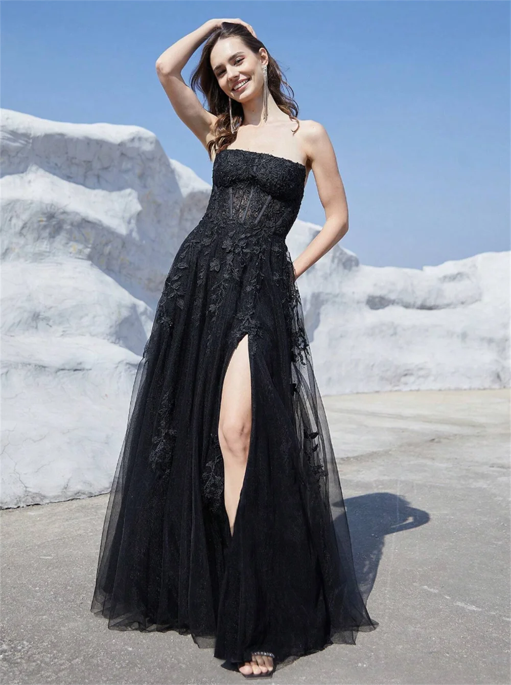 Annie Lace Embroidery A-Shape Prom Dresses Black Tulle Evening Dresses Sexy Off-shoulder Side Slits Women Wedding Party Dress