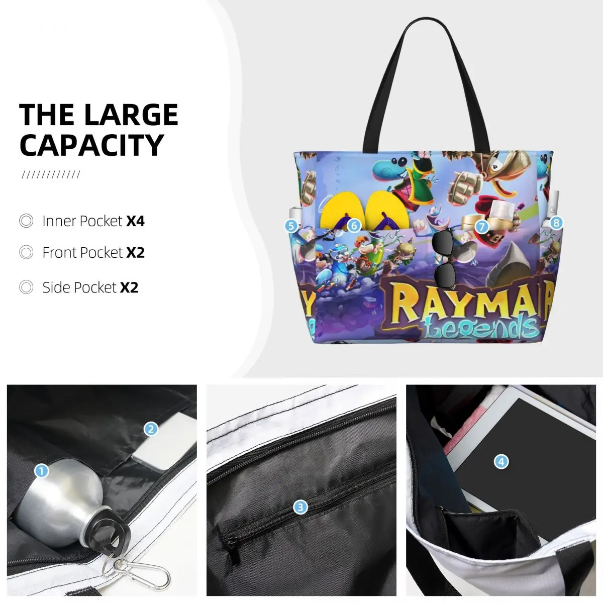 ألعاب الكرتون Rayman Legends حقيبة حمل على الشاطئ حقيبة رياضية للصالة الرياضية واليوجا واق من المطر حقيبة حمل كبيرة للنساء حقيبة سفر حقيبة لياقة بدنية