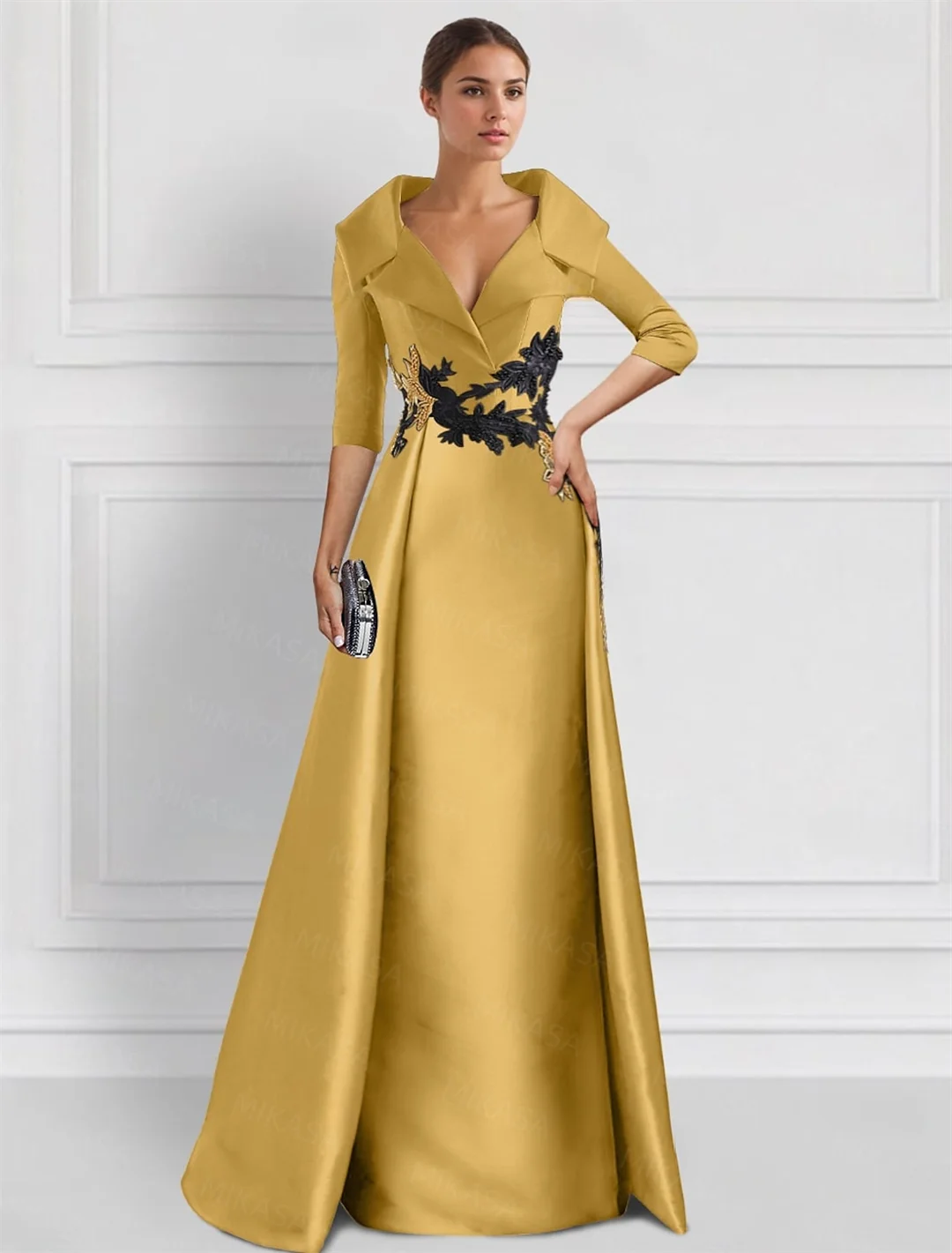 Vintage ซาตินสามชุดราตรีกับ Appliques V คอกระเป๋ายาว Elegant เจ้าสาวแม่งานแต่งงานชุด