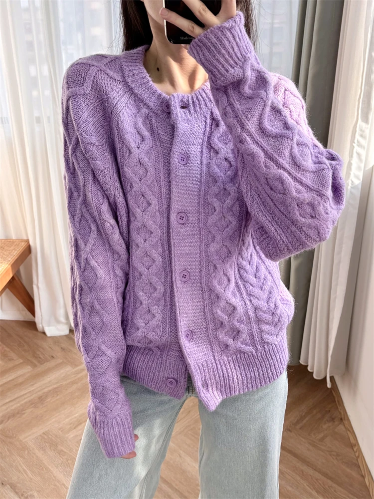 Women's Sweater Romantic Purple Cardigan, Sweet Girl Outfit, O-Neck, Buttons Fastening, High Street, Chic, Fashionable, Design