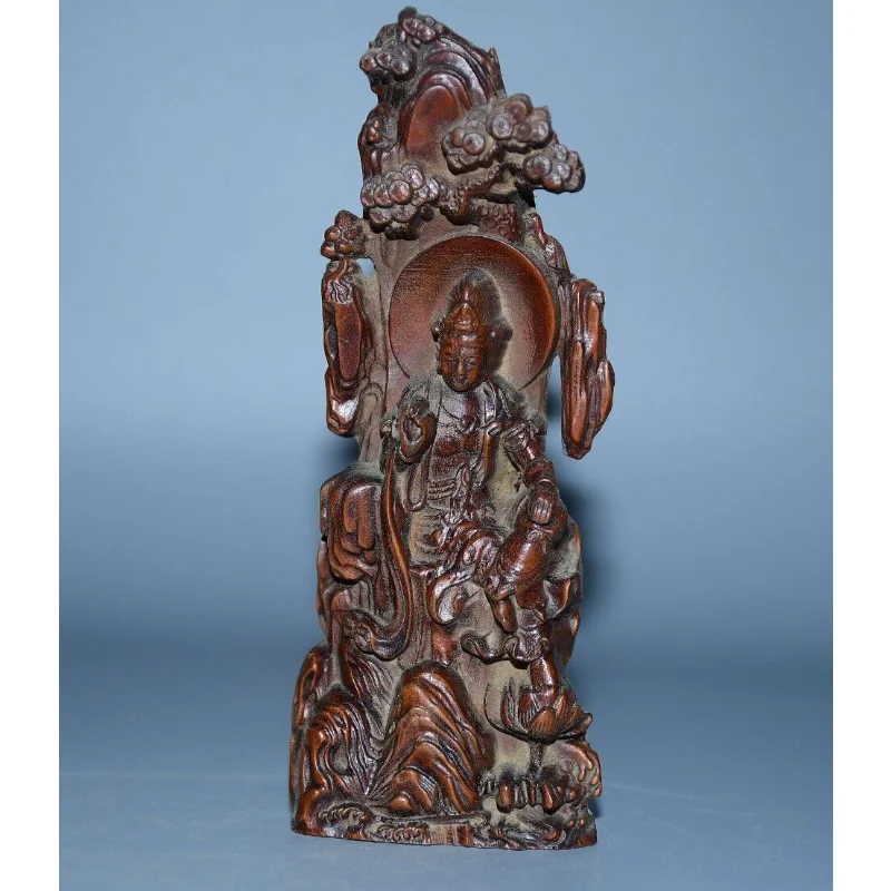 

5.1" Chinese Box-wood Carving Buddhism Kwan-yin Lotus Flower Pine Tree Statue Craft Gift Decoration Home Decore