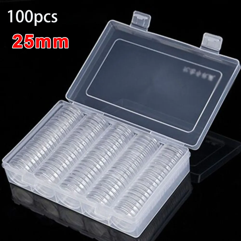 100Pcs 25mm Clear Round Coin Capsule Holder Case Transparent Collectable Coin Storage Box for Commemorative Coin Medal Container