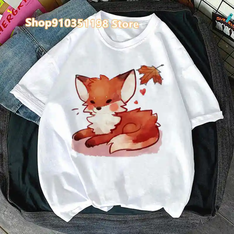 

Women's T-Shirts Fox Print 2023 Casual Graphic T-Shirt Women Vintage Animal O-Neck Short Sleeve Female Streetwear Y2k Tops