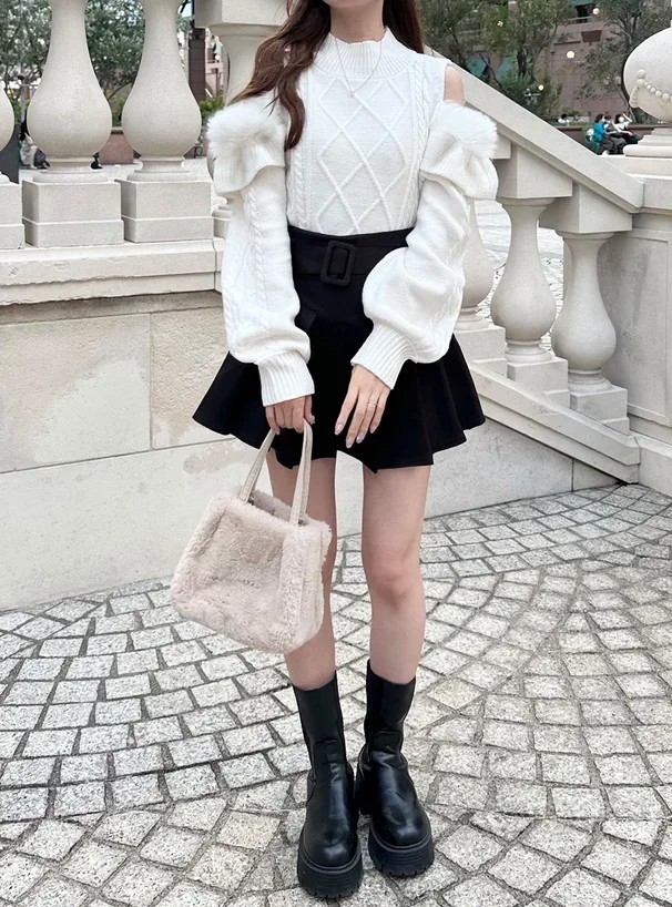 اليابانية الحلو أنيقة الياقة المدورة أفخم كشكش الربط خارج الكتف كم طويل عادية منقوشة محبوك القمم سترة المرأة الشتاء