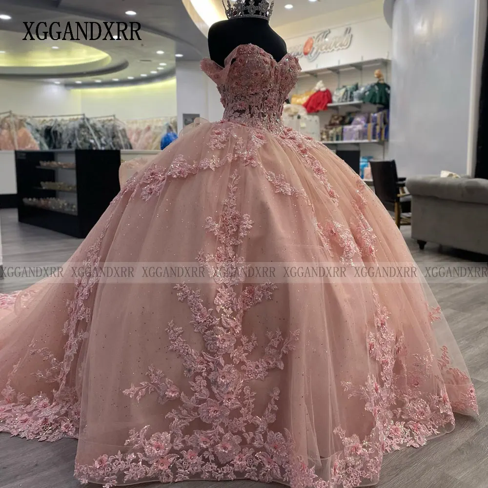 Personalizado lindo vestido de baile rosa quinceanera vestidos 3d floral applique doce 16 vestido de aniversário 15 anos 2025 pageant