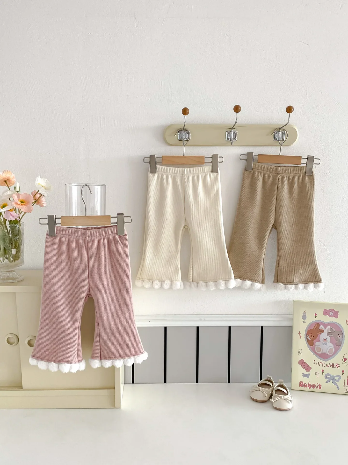 0-3 Y Winter Baby Children's Pants Toddler Thick Warm Trousers Trendy Girls Solid Wide Leg Pants Kid's Fur Lining Bell Bottom