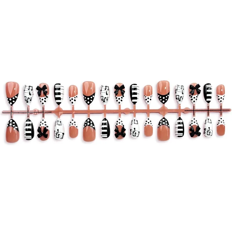 30Pcs Press-On Nails Black and White 3D Bows and Polka Dots French-Style Piano Design—Perfect for Girls and Everyday Wear 5