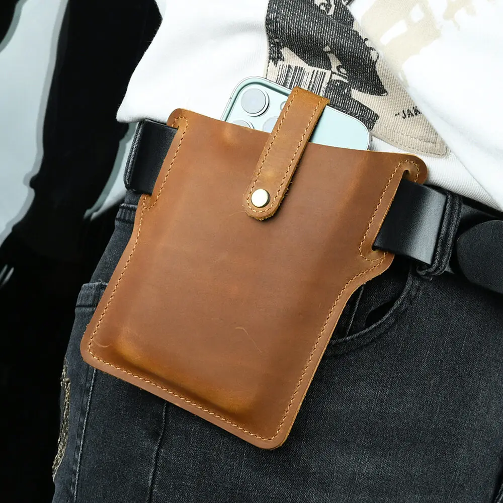 Bumbag Crazy Horse Leather Retro Phone Waist Bag Ultra-thin Men's Belt Hanging Outdoor Sports Phone Bags Anniversary Gifts view 3