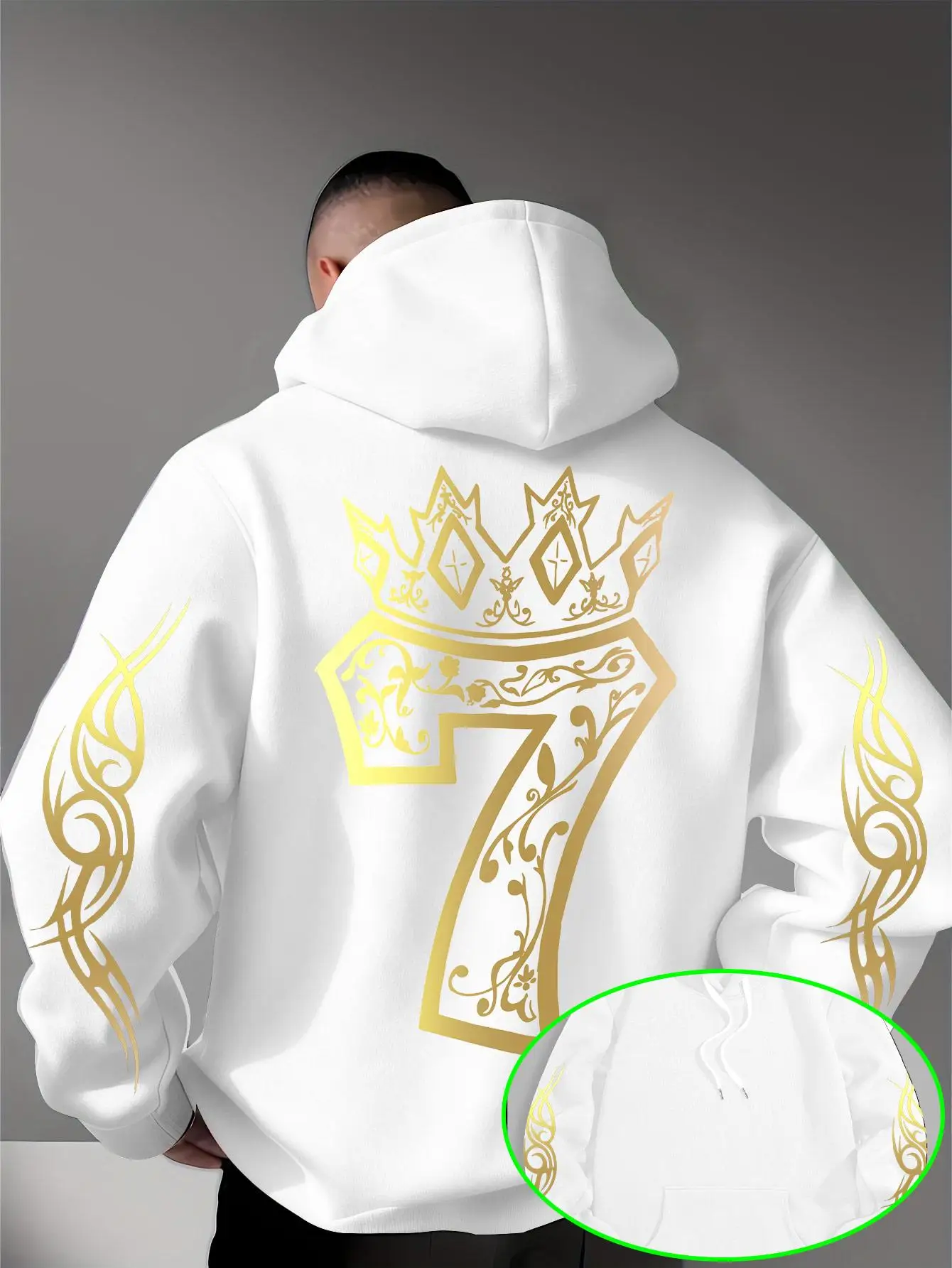 Men's casual gothic cool and stylish hip-hop American street fashion hooded sweatshirt with golden number pattern printed on it