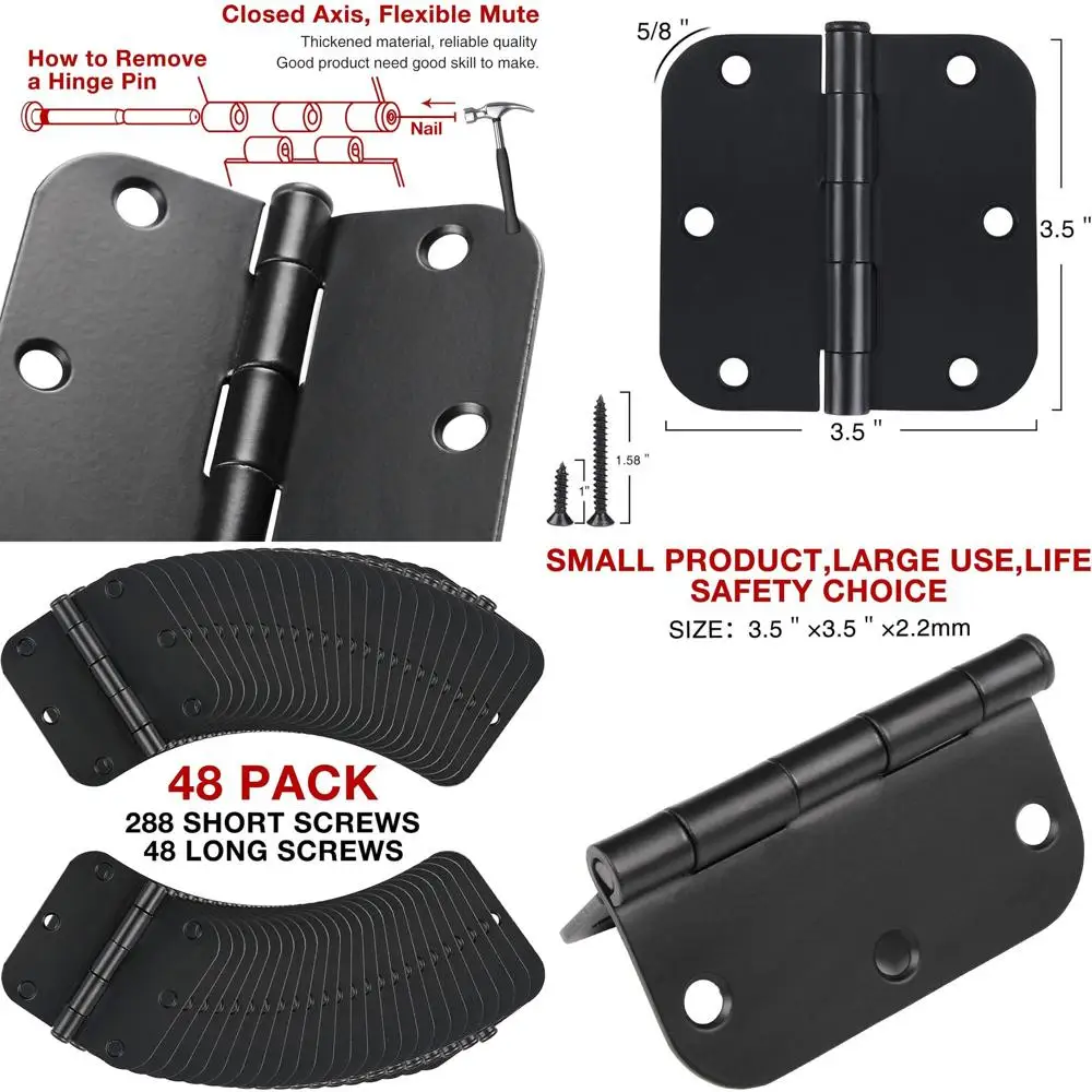 

Петли для дверей матовые черные, радиус 3.5 5/8 дюйма, 48 штук в упаковке, подходят для жилых интерьеров, спален и аксессуаров для домашнего декора