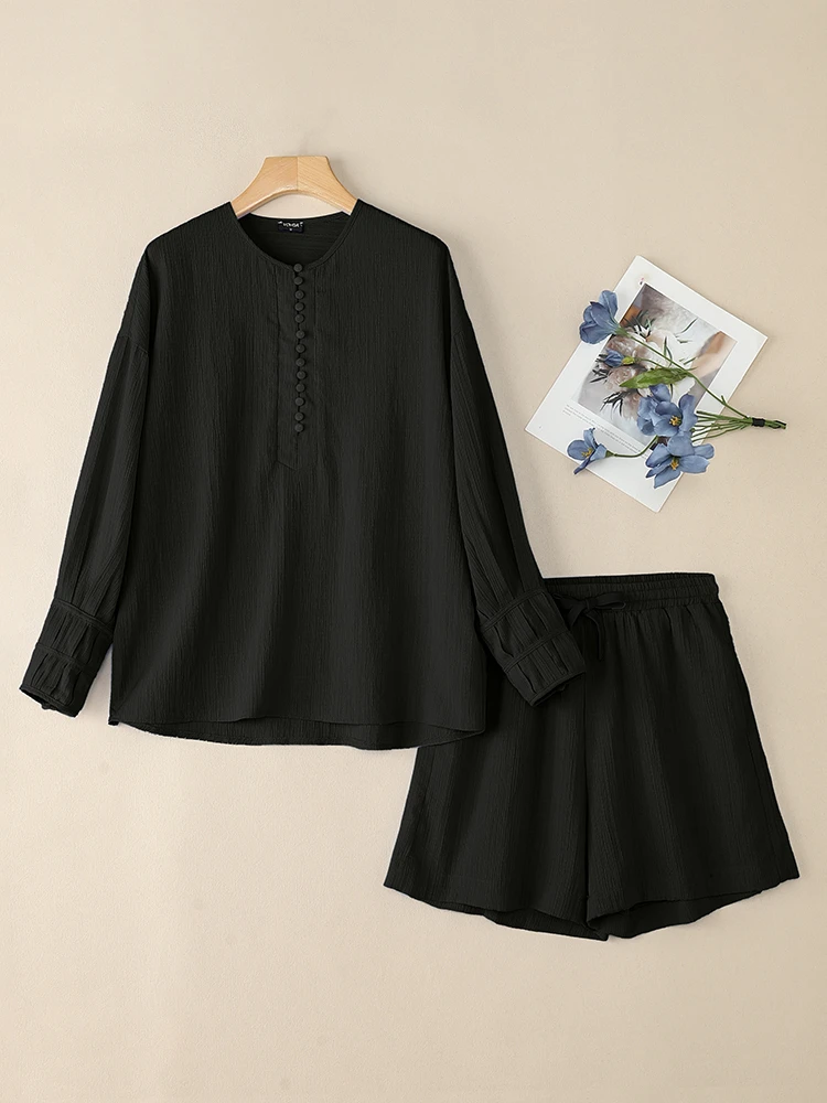 Set corti da donna moda VONDA 2025 Autunno Completi a due pezzi Camicie a maniche lunghe e pantaloncini in vita elastica Set coordinati solidi