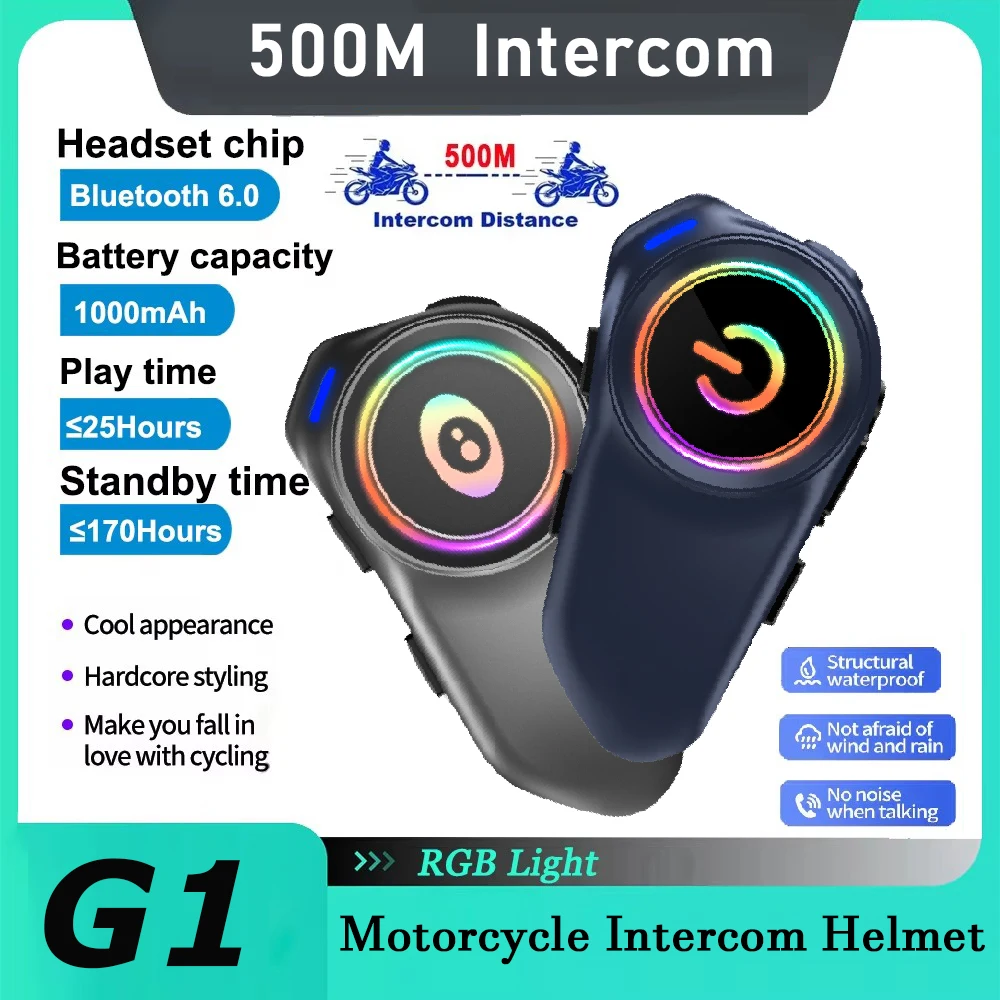 

2PCS Motorcycle Intercom Helmet Headset 500M Wireless Interphone Handsfree with Ambient light For 2 Riders Music Headphone