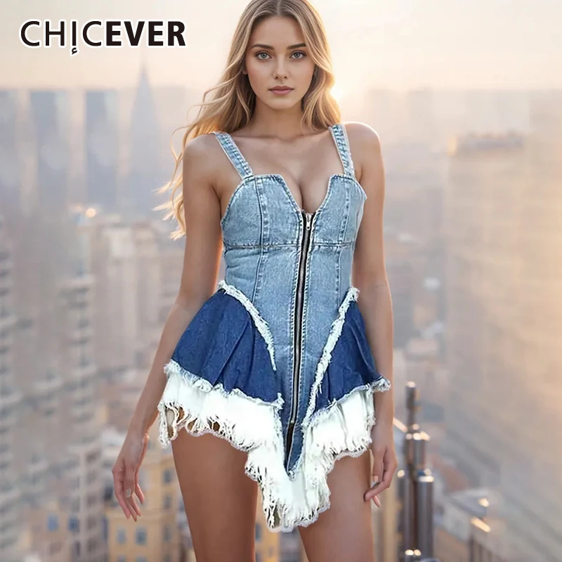 CHICEVER Irregular Hem Denim Slim Tank Tops For Women Square Collar Sleeveless High Waist Patchwork Zipper Hit Color Vest Female