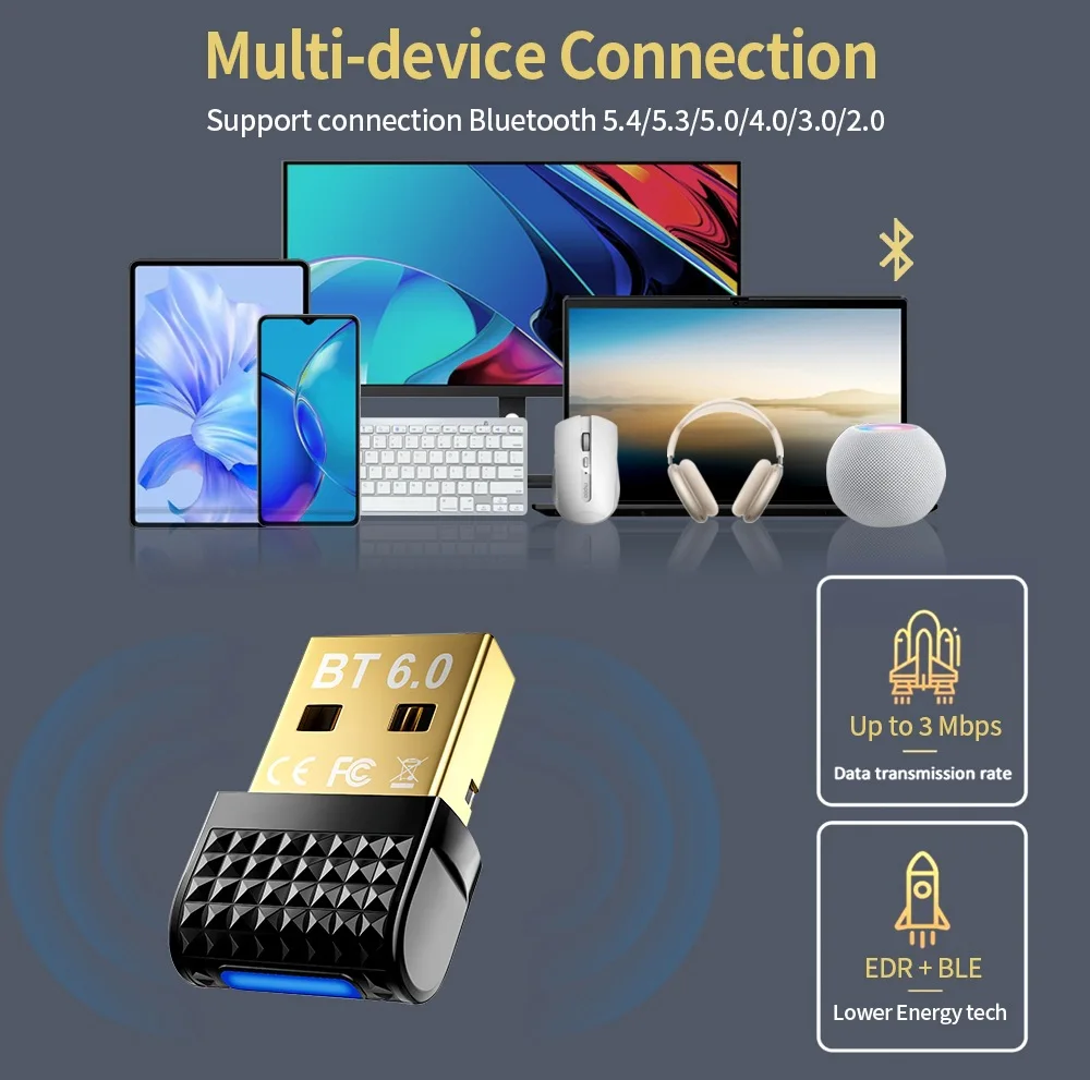 USB Bluetooth 6.0 Adapter Bluetooth Receiver & Transmitter USB 5.4 Dongle for Bluetooth Keyboard/Mouse/Headphone/Speaker/Printer