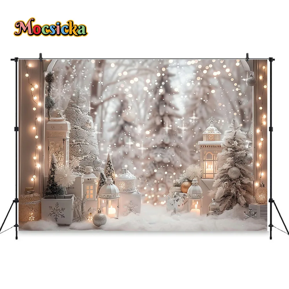 White Christmas Photography Background Silver Xmas Tree Decor Ball Lantern Shiny Backdrop Kid Winter Dreamy Birthday Party Photo