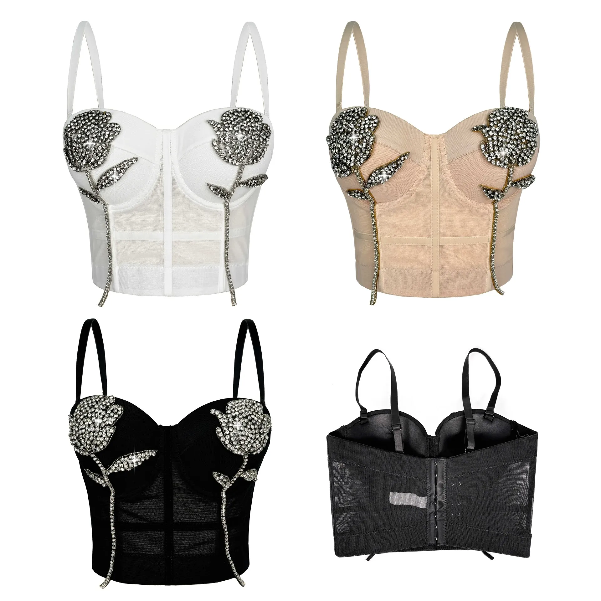 グリッターローズクリスタル刺繍入りボーン入りビスチェトップ - 女性用セクシーなレースアップコルセットベスト、パーティーウェアプッシュアップブラ