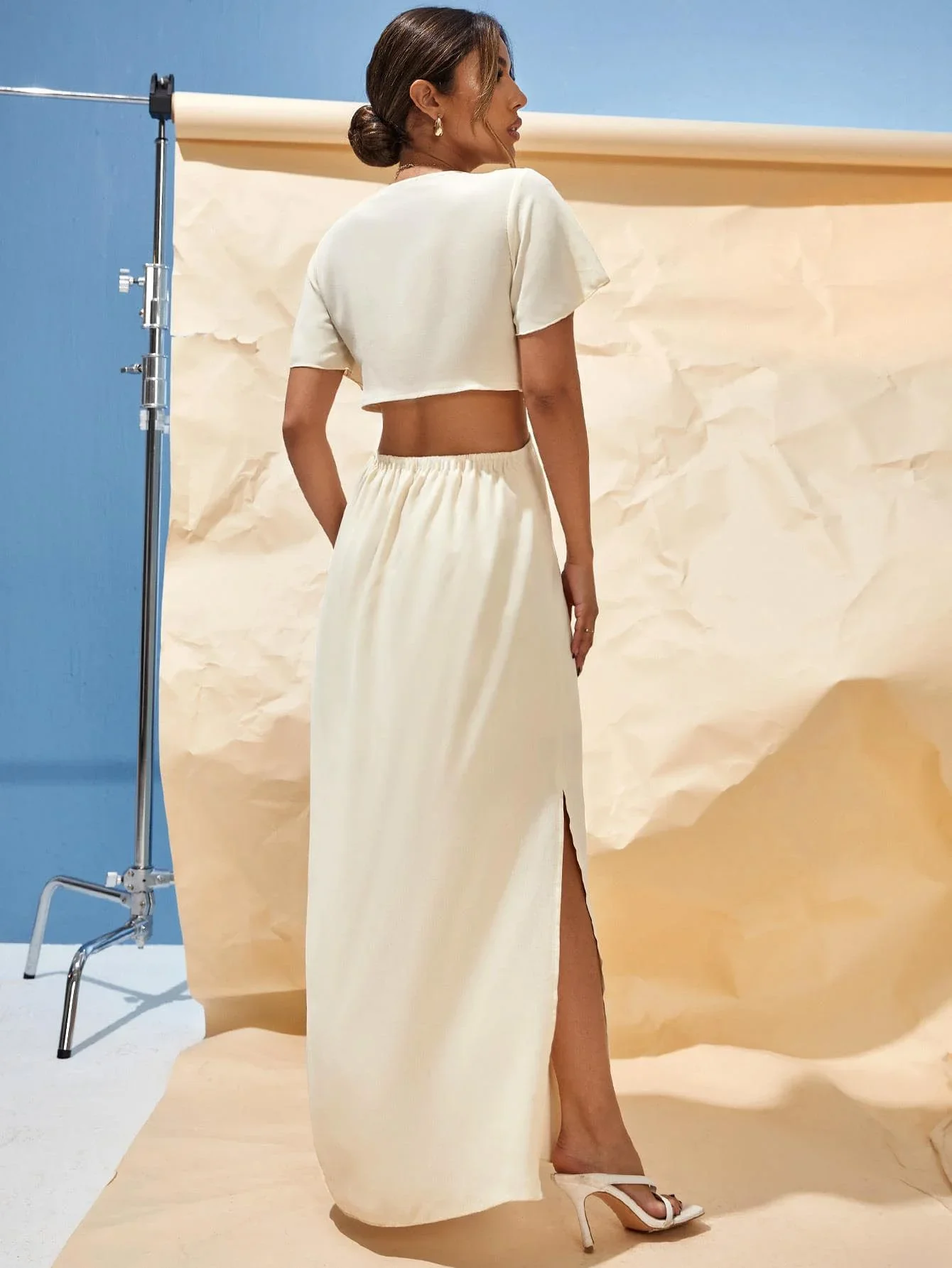 Short sleeve dress for women split solid hem long side waist new product spring and summer