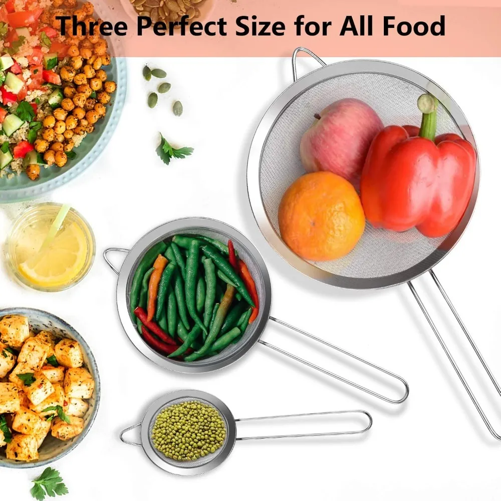 

3pcs Stainless Steel Fine Mesh Filter with Non Slip Handle Multi Functional Kitchen Strainer Durable Safe Easy Clean Tool