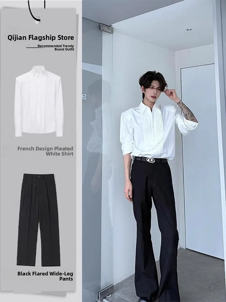 

Men's Long Sve irt oulder Pads Pleated Design Faionable Autumn Set High-End Feeling Haome irt Model Outfit