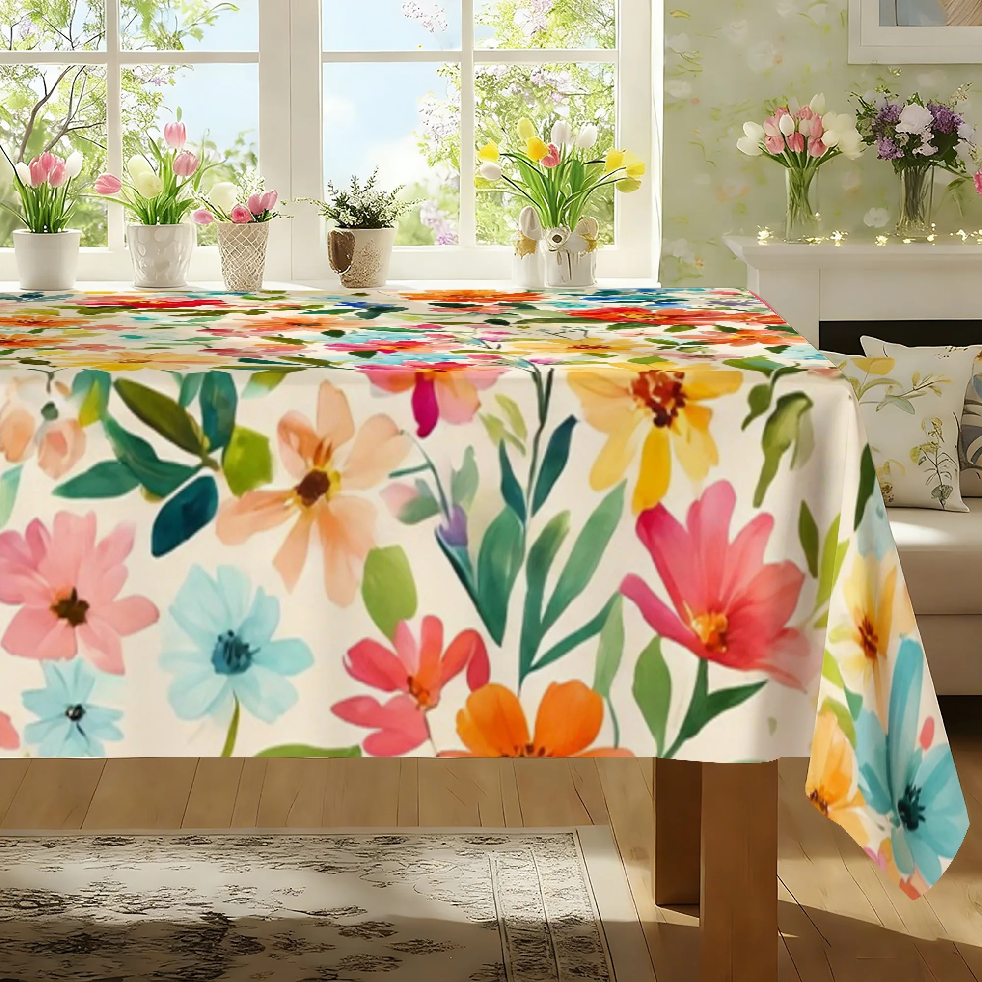 1pc Summer Outdoor Tablecloth/Multicolor Wildflower/Watercolor Botanical Floral All-Over Print/High-Definition Printing/Durable/