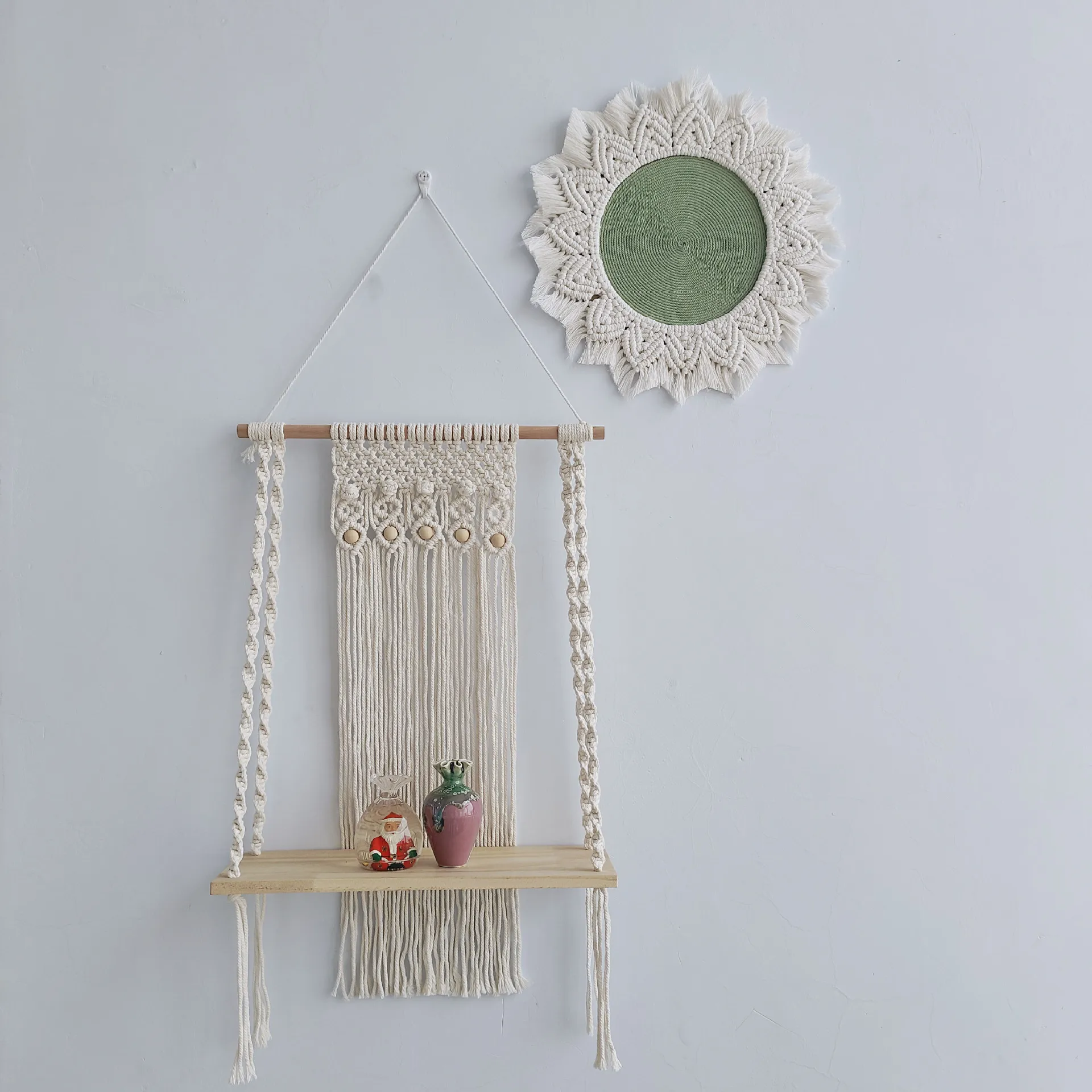 Hand Woven Cotton Rope Boho Dream Catcher Wall Hanging Tapestry Storage Shelf Ornament for Bedroom Homestay Hotel Layout
